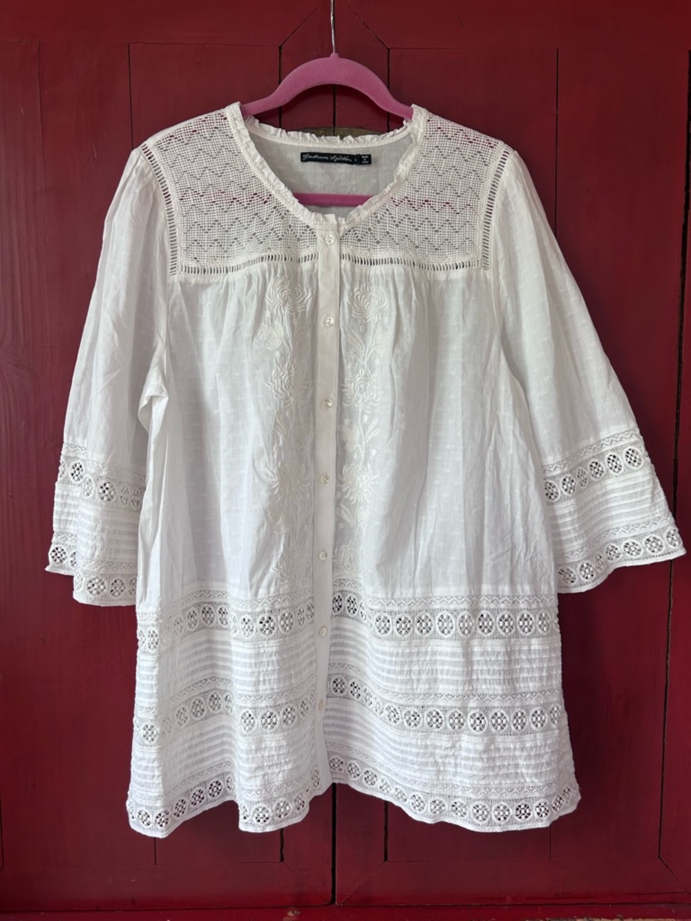 Gudrun Sjödén White Embroidered Tunic Blouse, Oversized, Button Front, Sz Large